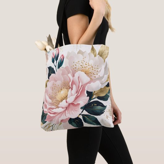 Moderne rosa und weiße Blume Grün- und Goldfolien Tasche (Von Nahem)