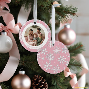 Moderne rosa und weiße Schneeflocken Foto Keramik Ornament