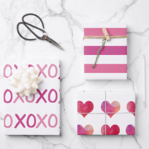 Moderne rosa und weiße XOXO Streifen Valentinstag Geschenkpapier Set