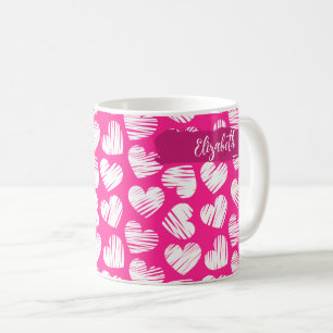 Moderne rosa und weißes doodled Herz Valentine Nam Kaffeetasse