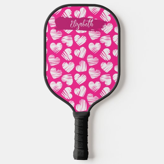 Moderne rosa und weißes doodled Herz Valentine Nam Pickleball Schläger (Rückseite)