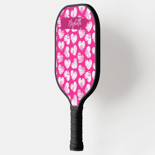 Moderne rosa und weißes doodled Herz Valentine Nam Pickleball Schläger (Links)