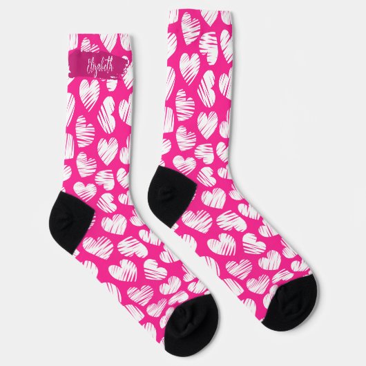 Moderne rosa und weißes doodled Herz Valentine Nam Socken (Rechts)