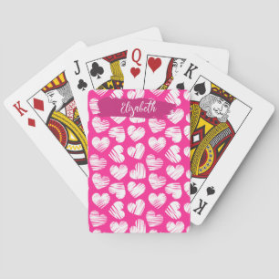 Moderne rosa und weißes doodled Herz Valentine Nam Spielkarten