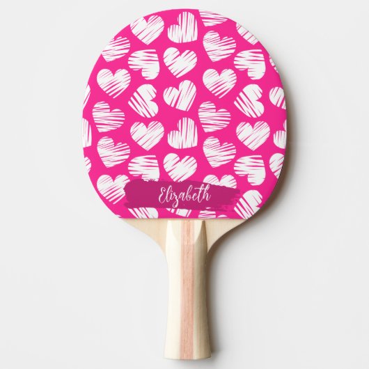 Moderne rosa und weißes doodled Herz Valentine Nam Tischtennis Schläger (Vorderseite)