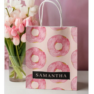 Moderne rosa Wasserfarbe Donuts-Muster mit Namen Große Geschenktüte