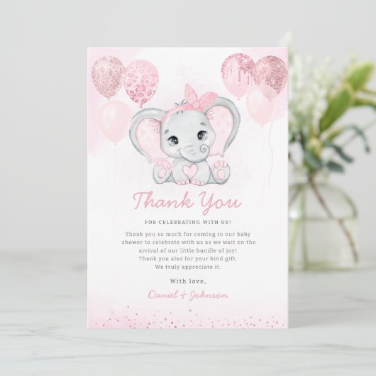 Moderne rosa Wasserfarbe Niedlich Elephant Baby Du Dankeskarte (Stehend Vorderseite)