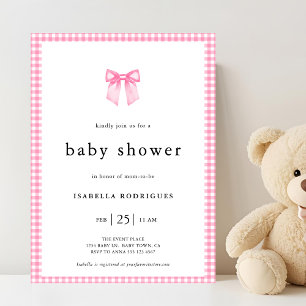 Moderne rosa Wasserfarbe Schleife Gingham Babypart Einladung