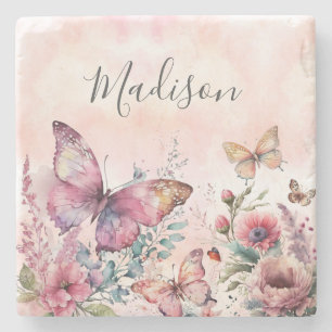 Moderne rosa Wasserfarbe Schmetterling Wildblume Steinuntersetzer