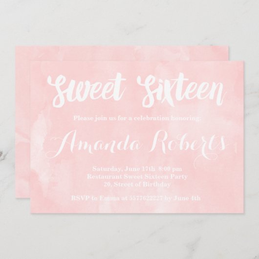 Moderne, rosa Wasserfarbe Süß 16 Einladung (Vorne/Hinten)