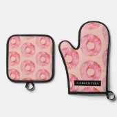 Moderne rosa WasserfarbenDonuts Muster mit Namen Ofenhandschuh & Topflappen-Set (Vorderseite)