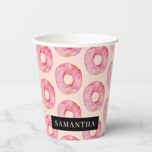 Moderne rosa WasserfarbenDonuts Muster mit Namen Pappbecher (Vorderseite)