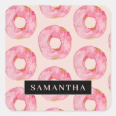 Moderne rosa WasserfarbenDonuts Muster mit Namen Quadratischer Aufkleber (Vorderseite)