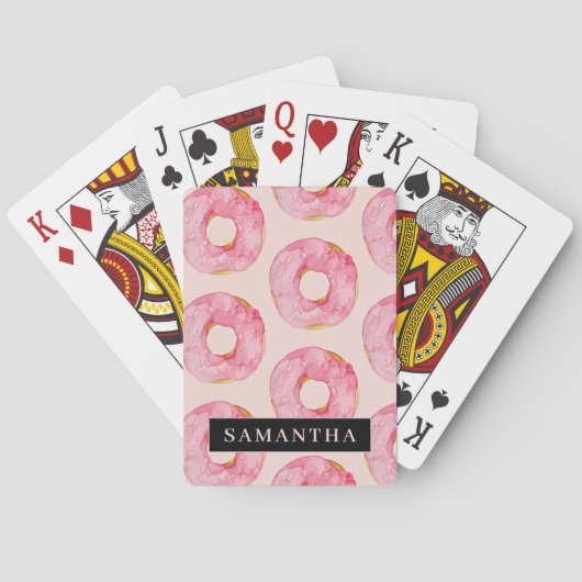 Moderne rosa WasserfarbenDonuts Muster mit Namen Spielkarten (Rückseite)