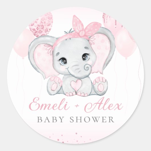 Moderne rosa Wasserfarbenlephant Girl Baby Dusche Runder Aufkleber (Vorderseite)