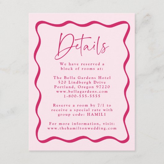 Moderne rosa Wavy Frame Wedding Details Begleitkarte (Vorderseite)