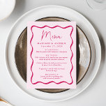 Moderne rosa Wavy Frame Wedding Menükarte<br><div class="desc">Fügen Sie Ihrer Verlobungsfeier, dem Probe-Dinner oder dem Hochzeitsempfang eine Vintage Touch mit diesem Modern Pink Wavy Frame Hochzeitsmenü hinzu. Das Design zeigt die Namen der Paare, das Hochzeitdatum und die Menüoptionen in fett rosa Schrift, umgeben von einem dunkelrosa, gewellten Rahmen mit einem hellrosa Hintergrund. Das Retro-Hochzeitsmenü koordiniert mit unserer...</div>