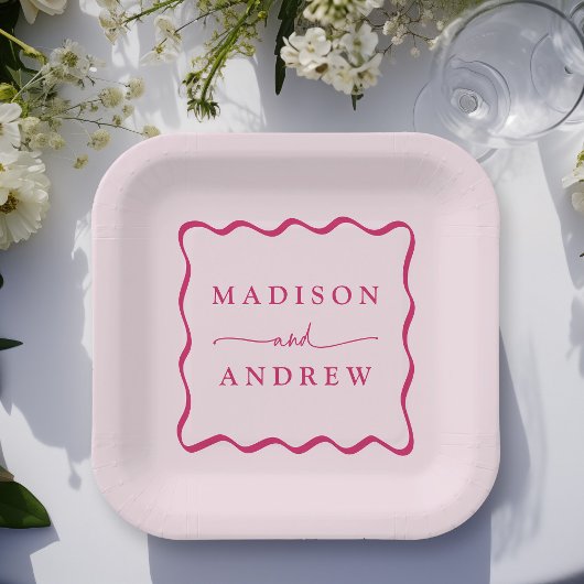 Moderne rosa Wavy Frame Wedding Pappteller
