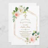 Moderne rosa weiße Blume Blubgoldkreuztaufe Einladung (Vorne/Hinten)