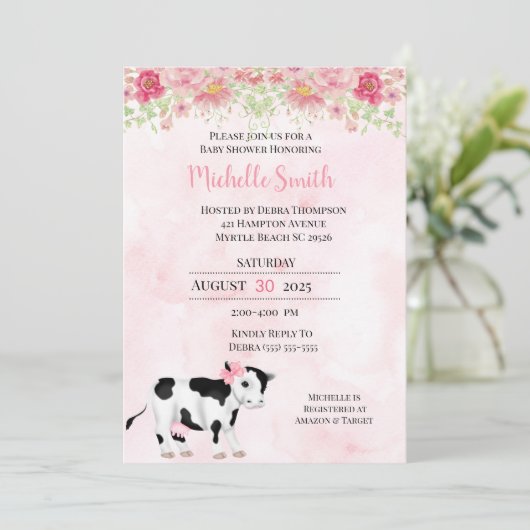Moderne rosa weiße Kuh Print Baby Dusche Einladung (Stehend Vorderseite)