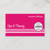 Moderne rosa weiße Streifen Chic mit Logos und Fot Visitenkarte (Vorderseite)
