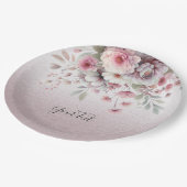 Moderne rosa weißes, florales Papierplatte Pappteller (Schrägansicht)