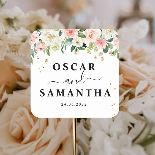 Moderne rosafarbene Blume und Goldfallen Quadratischer Aufkleber