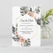 Moderne rosafarbene Blume und Goldfallen Save The Date (Stehend Vorderseite)