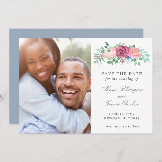 Moderne, rosafarbene Blumen Elegante Hochzeit Save The Date (Vorne/Hinten)