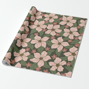 Moderne rosafarbene Blumengarten auf Waldgrün Geschenkpapier