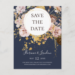 Moderne rosafarbene Floral Navy Save The Date Post Einladungspostkarte