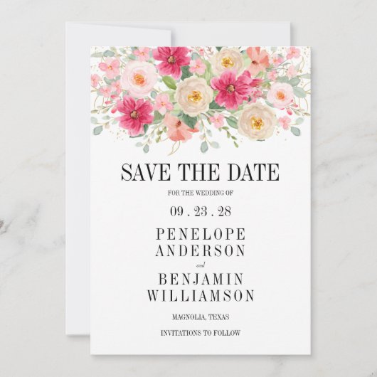 Moderne rosafarbene florale Hochzeit Save The Date (Vorderseite)
