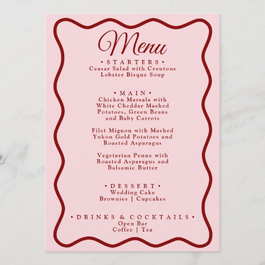 Moderne rosafarbene Funky Retro Dinner Hochzeit Menükarte (Vorderseite)