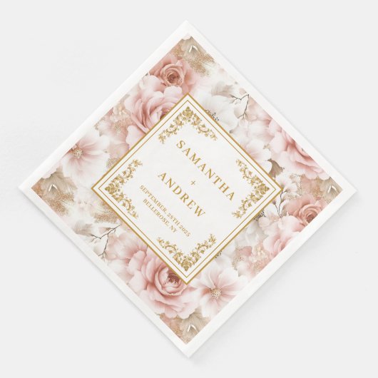 Moderne, rosafarbene, goldfarbene Hochzeitsnapkins Serviette (Ecke)