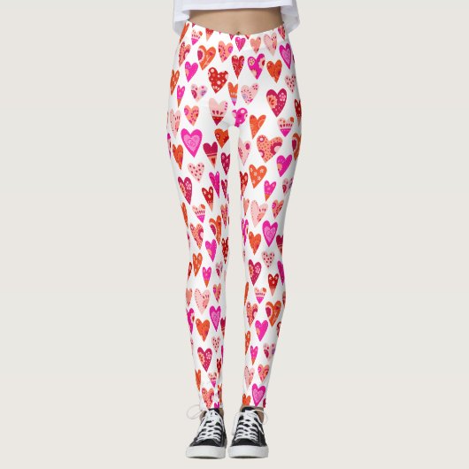 Moderne, rosafarbene Herzmuster Leggings (Vorderseite)