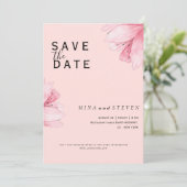 Moderne rosafarbene Hochzeit mit floraler Romance Save The Date (Stehend Vorderseite)