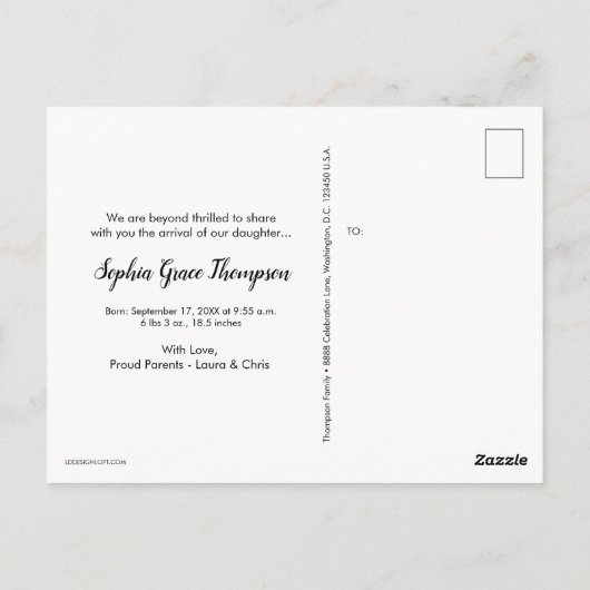 Moderne, rosafarbene Schreibschrift Name Baby Girl Postkarte (Rückseite)