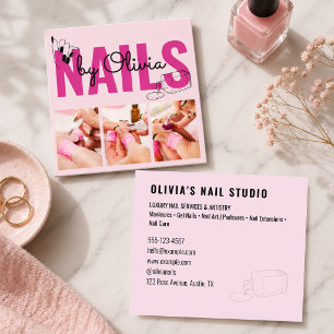 Moderne rosafarbene schwarze 3-Foto-Nagelstudio-Ku Quadratische Visitenkarte