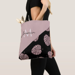Moderne rosafarbene tropische Blattmonogramm Tasche