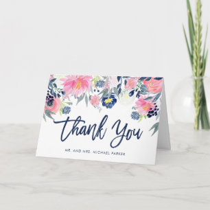 Moderne rosafarbene und navyblaue Floral-Dankeschö Dankeskarte