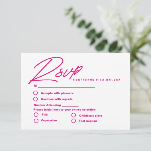 Moderne, rosafarbene und trendige Hochzeit RSVP Karte (Stehend Vorderseite)