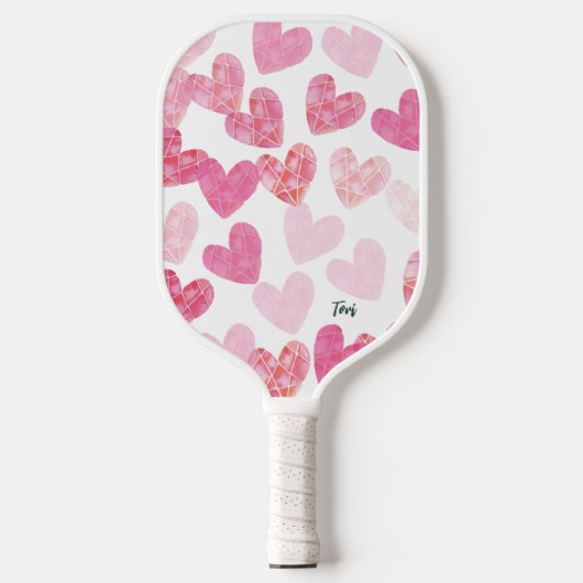 Moderne rosafarbene Valentine Liebe Herz Mit Monog Pickleball Schläger (Vorderseite)