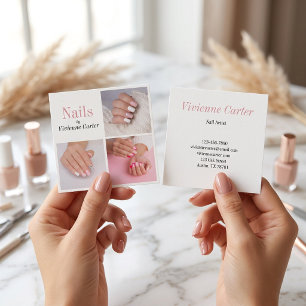 Moderne rosafarbene weiße 3-Foto-Nagelsalon Quadratische Visitenkarte