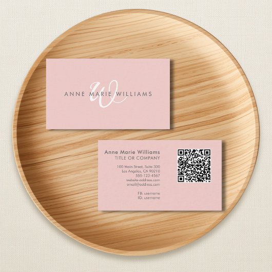 Moderne rosafarbene weiße Schriftmonogramm-QR-Code Visitenkarte