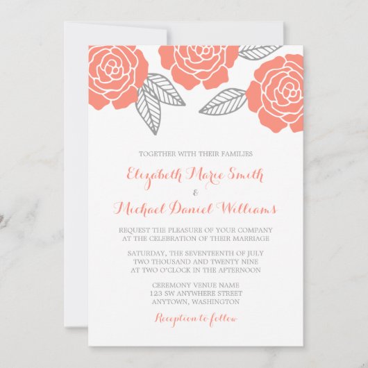 Moderne Rose für Hochzeiten in Grau und Korallen Einladung (Vorderseite)