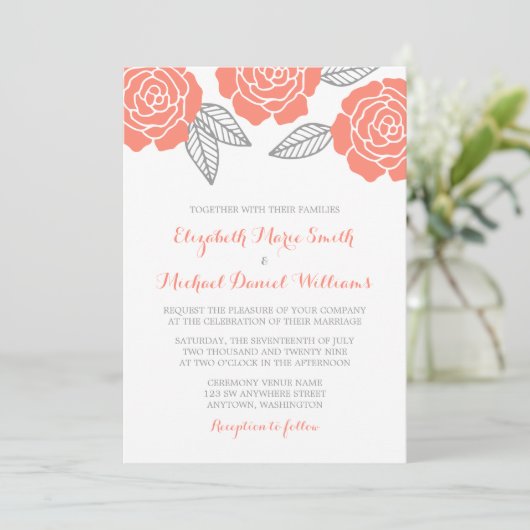 Moderne Rose für Hochzeiten in Grau und Korallen Einladung (Stehend Vorderseite)