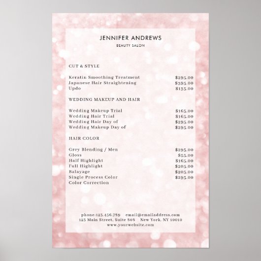 Moderne, Rose Glitzer Salon Preisliste Plakat (Vorne)