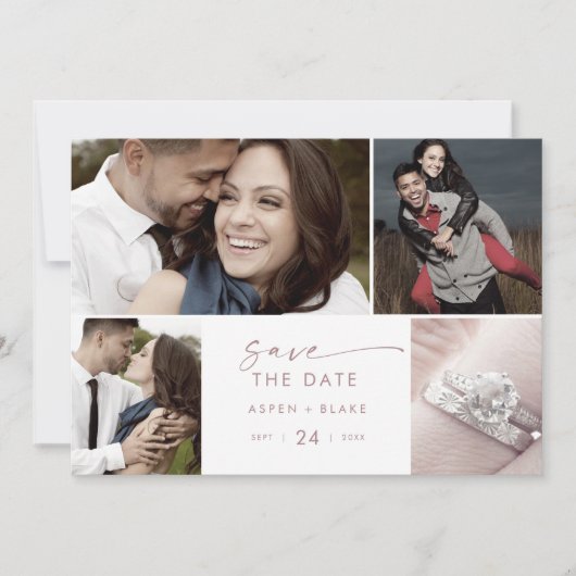 Moderne Rose Gold 4 FotoCollage Save the Date (Vorderseite)