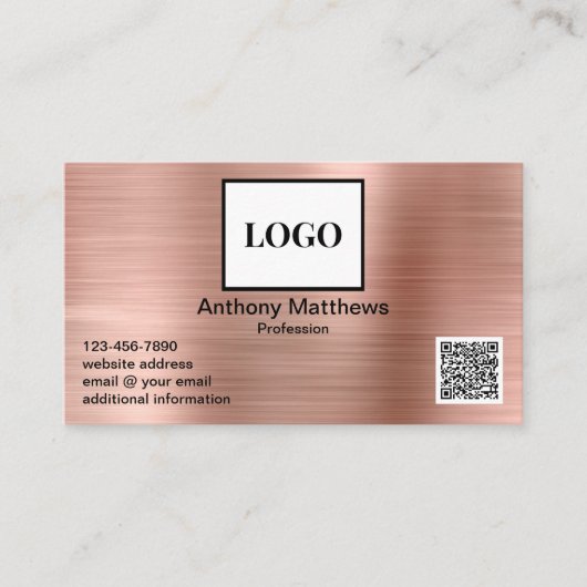 Moderne Rose-Gold-Add-Logos und QR-Code Visitenkarte (Vorderseite)