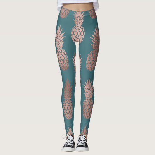 Moderne Rose Gold Aquamarines Ananas Muster Leggings (Vorderseite)